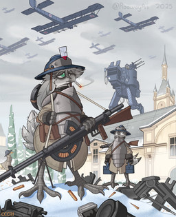 adrian_helmet aircraft airplane anthro armor baroque_architecture biplane building bullet_case christian_symbol christogram cigarette cigarette_in_mouth claws clothing group gun headgear helmet holding_gun holding_object holding_ranged_weapon holding_weapon looking_aside machine mecha military_uniform object_in_mouth outside plant ranged_weapon religion religious_symbol smoking smoking_cigarette snow standing symbol tree uniform vehicle weapon roawayart chauchat christianity gladiator_cycle_company ave_(roawayart) lost_soldier_(roawayart) plantide_(roawayart) avian bird 2025 hi_res