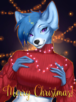 anthro black_nose blue_body blue_fur blue_hair breasts clothed clothing crop_top cropped_sweater detailed_eyes eyelashes female fingernails fur hair hand_on_breast holidays merry_christmas nails purple_eyes red_clothing red_sweater red_topwear shirt solo string_lights sweater text topwear lanhai christmas canid canine fennec_fox fox mammal true_fox 3:4 absurd_res digital_media_(artwork) english_text half-length_portrait hi_res portrait shaded