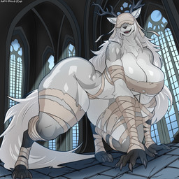 all_fours anthro antlers areola big_breasts blindfold breasts cleavage clothed clothing female fur grey_body grey_fur grey_hair hair horn huge_breasts inside long_hair nipples open_mouth smile solo tail thick_thighs wide_hips lovedeadman bloodborne fromsoftware mythology sony_corporation sony_interactive_entertainment vicar_amelia beast_(bloodborne) canid canine mammal mythological_canine mythological_creature werecanid werecanine werecreature werewolf 1:1 hi_res
