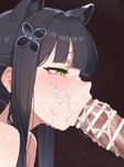 accessory black_hair blush bodily_fluids censored_genitalia cum cum_on_face eyelashes fellatio female female_penetrated genital_fluids genitals glistening glistening_hair green_eyes hair hair_accessory male male/female male_penetrating male_penetrating_female monotone_hair oral penetration penile penis pupils sex side_view simple_background solo_focus sonaokun2 animal_humanoid humanoid censored hi_res