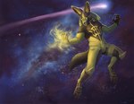 2017 anthro anthrofied black_body black_fur canid canine clothed clothing comet crossover dc_comics detailed_background ear_piercing energy fur furgonomics generation_4_pokemon green_lantern_(series) lucario male mammal nintendo piercing pokemon pokemon_(species) pokemorph sinestro_corps solo space spacescape spectrumshift tail yellow_body yellow_fur