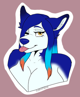 anthro blue_hair blue_nose breasts female hair looking_at_viewer one_eye_closed solo synxstudios tongue tongue_out white_body wink winking_at_viewer yellow_eyes basian canid canine canis domestic_dog husky mammal nordic_sled_dog spitz hi_res