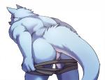 anthro anus blue_body blue_fur butt canid canine canis clothed clothing dragon fur horn hybrid kemono lan_rizardon looking_back male mammal mythological_creature mythological_scalie mythology partially_clothed rear_view red_eyes scalie simple_background solo tail thick_tail topless underwear underwear_down white_background wolf
