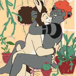 anthro arm_tattoo black_body black_eyes black_fur bracelet bracelet_only brown_eyes brown_hair brown_penis cactus claws duo ear_piercing eyebrows eyes_closed facial_piercing finger_claws flesh_tunnel fur gauged_ear genitals hair hair_bun house_plant hug hugging_another jewelry kitchen labret_piercing licking lip_piercing long_tail male male/male neck_lick nude on_counter penis piercing plant red_hair ring simple_background smile tail tan_background tan_body tan_fur tattoo tongue whisker_spots window p_rindustries gale_(p_rindustries) wynn_(p_rindustries) felid lagomorph leporid mammal pantherine rabbit 1:1 2020 guide_lines hi_res