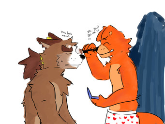 anthro applying_makeup brown_body brown_fur clothed clothing duo eyes_closed fur makeup male male_anthro multicolored_body orange_body orange_fur personal_grooming text topless topless_anthro topless_male underwear drawing_shard five_nights_at_freddy's indigo_park scottgames circus_foxy skurv_the_coyote_(indigo_park) canid canine canis coyote fox mammal 4:3 english_text hi_res