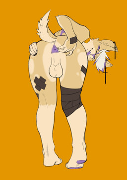 anthro anus balls band-aid band-aid_on_ear band-aid_on_face band-aid_on_leg band-aid_on_nose band-aid_on_wrist bandage bandage_on_face bandage_on_knee bandage_on_nose bent_over butt cross cross_ear_piercing cross_piercing eyebrows fur genitals hair looking_at_viewer looking_back looking_back_at_viewer male markings multicolored_body multicolored_hair pawpads piercing presenting presenting_anus presenting_hindquarters purple_anus purple_eyes purple_hair purple_markings purple_nose purple_pawpads raised_tail simple_background smile solo spots spotted_body spotted_fur spotted_legs spotted_thighs spread_butt spreading standing tail tan_arms tan_body tan_fur tan_legs teeth tongue tongue_out white_eyebrows white_hair theredcockroach spiritu_nogales canid canine canis chihuahua domestic_dog mammal toy_dog 2026 absurd_res hi_res line_art