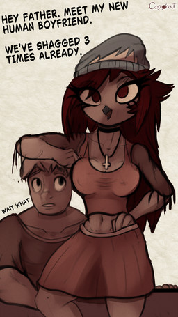 abstract_background anthro beak beanie bottomwear breasts choker clothing cross cross_necklace dialogue duo eyelashes female fingers hair hat headgear headwear jewelry long_hair male midriff necklace nipple_outline open_mouth open_smile skirt smile text cosmonaut hellaverse helluva_boss octavia_(helluva_boss) avian bird demon human mammal owl owl_demon 2025 9:16 artist_name english_text hi_res watermark