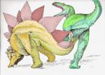 ambiguous_gender animal_genitalia cloaca duo feral fight genitals simple_background spiked_tail spikes spikes_(anatomy) stab tail thagomizer white_background unknown_artist allosaurid allosaurus dinosaur ornithischian prehistoric_species reptile scalie stegosaurian stegosaurus theropod thyreophoran