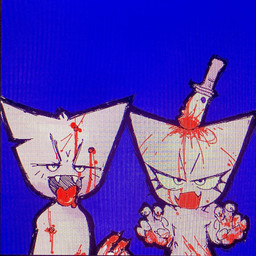 ambiguous_gender anthro blood blue_background bodily_fluids claws covered_in_blood crt crt_effect crt_monitor duo eyebrows eyelashes fur gore gunshot_wound knife knife_in_head shot_in_chest shot_in_head simple_background tongue tongue_out webcore white_body white_fur femtanyl_(artist) femtanyl token_(femtanyl) domestic_cat felid feline felis mammal 1:1 2023 hi_res official_art