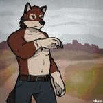 1:1 2022 anthro canid canine canis chazthewolf clothed clothing echo_(game) echo_(series) echo_project fur leo_alvarez male mammal orange_eyes partially_clothed red_body red_fur shirtless_male solo wolf