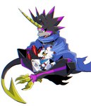 anthro belt black_body blade cape cellphone clothing duo electronics evolutionary_family horn male on_lap phone smartphone tail tail_blade weapon_tail white_body im7yx bandai_namco digimon digimon_ghost_game digimon_(species) gammamon gulusgammamon hi_res