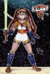 anthro blue_eyes breasts brown_body brown_fur brown_hair clothed clothing duo female fur green_lightsaber hair holding_lightsaber holding_object holding_weapon lightsaber long_ears looking_at_viewer machine melee_weapon neck_tuft smile standing tuft weapon wide_stance nick_bondra phraggle star_wars star_wars_visions lop_(star_wars_visions) td-4 lagomorph lepi leporid mammal robot 2023 hi_res