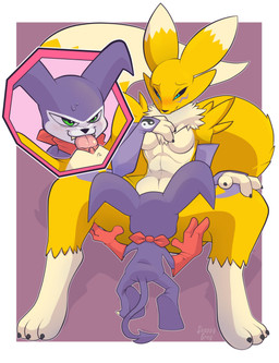 anthro bleh blush bodily_fluids breasts clitoris clothing cunnilingus dominant duo featureless_breasts female genitals gloves green_eyes handwear larger_sub male male/female oral sex size_difference submissive sweat tongue tongue_out vaginal snappygrey bandai_namco digimon canid canine digimon_(species) fox humanoid imp impmon mammal renamon absurd_res hi_res