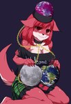 anthro bottomwear chain choker clothed clothing earth female fur furgonomics hat headgear headwear jewelry moon necklace planet purple_background red_body red_eyes red_fur simple_background skirt solo tail tail_through_skirt text ruri_tsubame touhou hecatia_lapislazuli canid canine fox mammal