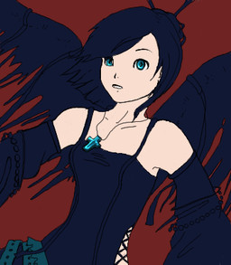 alternative_fashion armwear black_hair blue_eyes clothed clothing cross cross_necklace detached_sleeves dutch_angle female goth hair jewelry lacing membrane_(anatomy) membranous_wings monster_girl_(genre) necklace not_furry not_furry_focus notched_wings red_background simple_background solo wings unknown_artist animal_humanoid human humanoid mammal unknown_species digital_media_(artwork) low_res oekaki
