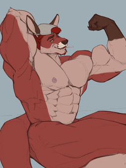 abs anthro backwards_baseball_cap backwards_hat baseball_cap beard biceps big_muscles biped brown_body brown_eyebrows brown_fur brown_nose candy claws clothing countershade_arms countershade_body countershade_face countershade_fur countershade_torso countershading dessert eyebrows facial_hair finger_claws fingers flexing flexing_bicep food fur gloves_(marking) green_eyes hair hat hat_only headgear headgear_only headwear headwear_only humanoid_hands lollipop lollipop_in_mouth looking_at_viewer male male_anthro markings monotone_background mostly_nude mostly_nude_anthro mostly_nude_male multicolored_body multicolored_fur muscular muscular_anthro muscular_male navel nipples pecs pink_nipples quads red_beard red_body red_facial_hair red_fur red_hair serratus simple_background sitting smile smiling_at_viewer solo tail tan_body tan_countershading tan_fur tan_inner_ear oldshep andrew_jr kangaroo macropod mammal marsupial red_kangaroo 2024 hi_res portrait three-quarter_portrait