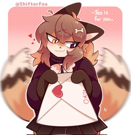 anthro blush bottomwear clothed clothed_anthro clothed_female clothing envelope female female_anthro first_person_view fue hair heart_symbol heterochromia holding_object holidays skirt solo sweater tail tail_motion tailwag text topwear tsurime shifterfox valentine's_day shifter_(shifterfox) canid canine fox mammal 2026 digital_media_(artwork) hi_res