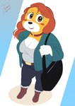 anthro casual_clothing collar female foreshortening geometric_background high-angle_view looking_at_viewer open_mouth open_smile perspective purse simple_background slightly_chubby slightly_chubby_anthro slightly_chubby_female smile standing toonarscontent bertha_(toonarscontent) canid canine canis domestic_dog mammal absurd_res digital_drawing_(artwork) digital_media_(artwork) flat_colors hi_res