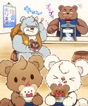 anthro bow_tie brown_body brown_fur dessert dot_eyes eyes_closed food fur grey_body grey_fur group kemono male scar shaved_ice sitting slightly_chubby tongue tongue_out white_body white_fur sayolino kumalino sanrio brew_(kumalino) drip_(kumalino) roast_(kumalino) syrup_(kumalino) bear mammal polar_bear ursine 2023 5:6 hi_res