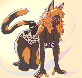 4_fingers all_fours anthro bell bell_collar biped black_body black_fur breasts cleavage clothed clothed_anthro clothed_female clothing collar eyewear female female_anthro fingers fully_clothed fully_clothed_anthro fully_clothed_female fur glasses green_eyes hair hanging_breasts inner_ear_fluff long_hair looking_at_viewer monotone_hair multicolored_body multicolored_fur orange_body orange_fur orange_hair pattern_clothing pointy_ears pose prick_ears round_glasses short_snout simple_background snout solo spots spotted_clothing swimwear tail tuft two_tone_body two_tone_fur two_tone_tail wearing_glasses white_inner_ear_fluff zeighous mooche domestic_cat felid feline felis mammal digital_drawing_(artwork) digital_media_(artwork) hi_res pinup signature trans_(lore) trans_woman_(lore)