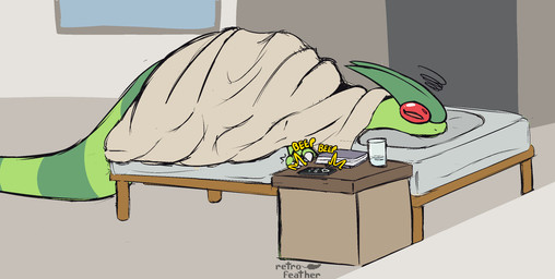 after_transformation bed female feral furniture gender_transformation green_body inside permanent_transformation red_eyes sleeping solo transformation nulloffset nintendo pokemon rayne_(nulloffset) flygon generation_3_pokemon pokemon_(species) hi_res