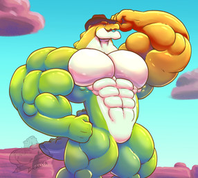 abs anthro anthrofied big_muscles big_pecs candy clothing cowboy_hat dessert featureless_crotch food glistening glistening_body gummy_(food) hat headgear headgear_only headwear headwear_only huge_muscles hyper hyper_muscles male mostly_nude multicolored_body muscular muscular_arms muscular_male muscular_thighs pecs sky solo tail tipping_hat akita77 glitch_productions the_amazing_digital_circus gummigoo_(tadc) crocodilian food_creature gummy_creature living_candy reptile scalie 2024 digital_drawing_(artwork) digital_media_(artwork) shaded watermark