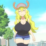 1:1 2d_animation animated big_breasts bouncing_breasts breasts cleavage clothed clothing female flou frame_by_frame fully_clothed hat headgear headwear horn horned_humanoid huge_breasts humanoid legwear miss_kobayashi's_dragon_maid not_furry quetzalcoatl_(dragon_maid) short_playtime solo thigh_highs walk_cycle walking wide_hips