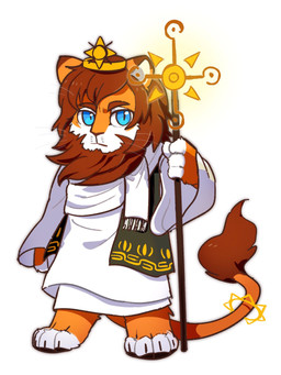 anthro beard blue_eyes brown_beard brown_eyebrows brown_facial_hair brown_hair chibi clothed clothing countershading eyebrows facial_hair front_view fur glistening glistening_eyes hair holding_object holding_staff male mouth_closed orange_body orange_ears orange_fur pupils robe scarf simple_background slit_pupils solo staff standing unsigned white_background white_body white_clothing white_fur white_robe white_scarf asnnonaka felid lion mammal pantherine 3:4 full-length_portrait hi_res portrait