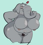 anthro belly big_breasts big_butt big_nipples blue_background blush breasts butt eyebrows fat_rolls female genitals grey_body grey_skin hands_behind_back hanging_breasts heart_symbol looking_at_viewer mature_anthro mature_female navel nipples nude nude_anthro nude_female obese obese_anthro obese_female overweight overweight_anthro overweight_female pink_nipples presenting pubes pussy raised_eyebrows saggy simple_background smile smiling_at_viewer solo tailless thick_arms thick_thighs jodero elephant elephantid mammal proboscidean hi_res