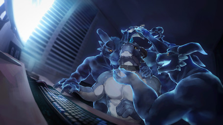 anthro athletic black_sclera blue_body bodily_fluids collar group hypnosis inside keyboard male male/male mask mind_control nude open_mouth shoulder_grab sitting smile smirk sweat three-quarter_view yellow_eyes lowerkuo mythology dragon ghost mythological_creature mythological_scalie scalie spirit 16:9 4k absurd_res hi_res widescreen