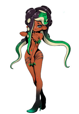 clothing covering covering_self female footwear high_heels looking_at_viewer navel navel_piercing not_furry nude piercing pseudo_hair shoes simple_background solo tentacle_hair tentacles white_background koharuno2 nintendo splatoon marina_(splatoon) aquatic cephalopod humanoid mollusk octarian octoling hi_res
