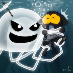 anthro blush bottomless bubble clothed clothing duo female feral genitals holidays robe semi-anthro tentacles translucent translucent_body translucent_tentacles underwater vulva wand water unknown_artist unknown_artist_signature google google_doodle halloween magic_cat_academy momo_(google) aquatic cnidarian domestic_cat felid feline felis ghost jellyfish mammal medusozoan spirit 1:1 2020 signature