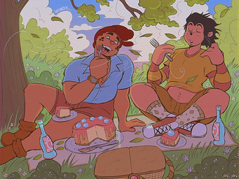 anthro basket bottle cake clothing container cutlery date dessert duo eating eyes_closed flower food forest fork j0rd_j0rd_(faroutboy) kitchen_utensils male male/male picnic plant romantic romantic_couple sitting smile sunset text tools tree wind jordo_(artist) asher_(jordo) jerry_(jordo) 4:3 hi_res