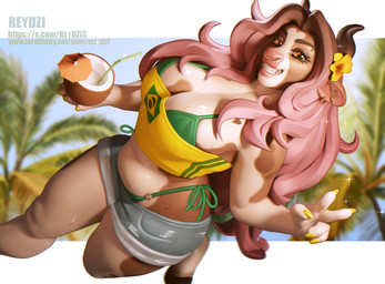 5_fingers accessory anthro beverage big_breasts bikini bodily_fluids bottomwear bra brazil brazilian_flag breasts brown_body brown_fur clothed clothing coconut coconut_drink colored_nails crop_top curvy_figure drupe_(fruit) eyelashes facial_piercing female fingers flower flower_in_hair food fruit fur gesture glistening glistening_breasts green_bra green_clothing green_underwear hair hair_accessory hand_gesture high-angle_view holding_beverage holding_object hooves hotpants long_hair looking_at_viewer midriff multicolored_hair nails nose_piercing nose_ring panties piercing pink_hair plant pose ring_piercing shirt shorts skimpy slightly_chubby slightly_chubby_female smile smiling_at_viewer solo sparkles sweat swimwear text topwear two-piece_swimsuit two_tone_hair underwear v_sign white_body white_fur yellow_nails reydzi bovid bovine cattle mammal 2026 digital_media_(artwork) url watermark