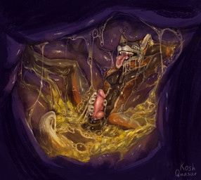 anthro anthro_pred anthro_prey blep bodily_fluids detailed_internal dripping foam genitals goo_drip guts inside_stomach knot knotted_penis larger_anthro larger_male larger_pred male male_pred male_prey masturbating_prey masturbation muscular muscular_anthro muscular_male organs penis purple_body purple_flesh purple_insides purple_internal saliva saliva_drip saliva_string size_difference slime soft_vore stomach stomach_acid tail teeth tongue tongue_out vore wet willing_pred koshquasar mythology devourer_(razor_koopa) canid canine cross_fox dragon fox goo_creature goo_dragon mammal mythological_creature mythological_scalie red_fox scalie true_fox 2026 hi_res