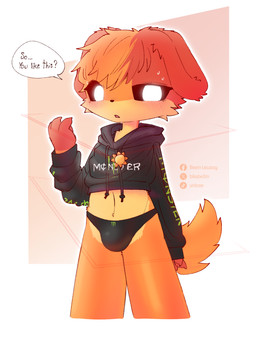 4_fingers anthro black_clothing black_hoodie black_panties black_sclera black_topwear black_underwear blush bodily_fluids bottomwear bulge claws clothed clothing crop_top fingers floppy_ears folded_ears fur hair hoodie inverted_eyes jewelry logo_on_clothing logo_on_hoodie logo_on_topwear logo_on_underwear looking_at_viewer male necklace open_mouth orange_body panties pantsless shirt simple_background solo speech_bubble standing sweat sweatdrop tail tail_tuft text topwear tuft underwear bikabe3m mob_entertainment poppy_playtime smiling_critters dogday_(poppy_playtime) canid canine canis critters_(poppy_playtime) domestic_dog mammal 2026 digital_drawing_(artwork) digital_media_(artwork) english_text watermark