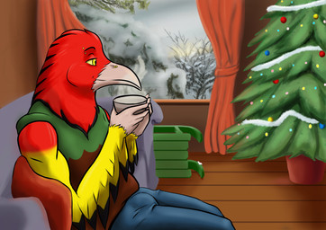 anthro beverage christmas_clothing christmas_tree clothed clothed_anthro clothed_male clothing coffee erection erection_under_clothing furniture holidays male plant sled snow snowing snowing_outside sofa sweater sweater_vest topwear tree vest denmander christmas european_mythology greek_mythology mythology avian bird hippogriff mythological_avian mythological_creature absurd_res hi_res