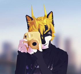 anthro black_body black_clothing black_ears black_fur black_topwear blonde_hair blurred_background camera clothed clothing eyes_closed front_view fur hair holding_camera holding_object inner_ear_fluff male messy_hair mouth_closed short_hair solo text topwear tuft white_body white_fur yellow_inner_ear_fluff unknowhiter canid mammal 2017 artist_name half-length_portrait portrait