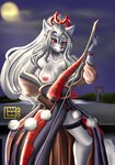 anthro breasts clothed clothing female fur hair nipples simple_background solo white_body white_fur white_hair wenqu0304 onmyoji hakuro_(onmyoji) canid canine canis mammal wolf absurd_res hi_res