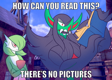ambiguous_gender black_hair book crossed_arms duo fangs green_body green_hair hair humanoid_pointy_ears long_hair male multicolored_body not_furry open_mouth pointy_ears reading red_eyes screencap screencap_background teeth text tongue two_tone_body white_body unknown_artist beauty_and_the_beast nintendo pokemon gardevoir generation_3_pokemon generation_8_pokemon grimmsnarl humanoid pokemon_(species) hi_res meme