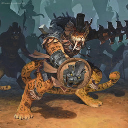 4_toes anthro armor barefoot brown_body brown_fur claws digitigrade fangs feet fur glowing glowing_eyes group holding_melee_weapon holding_object holding_polearm holding_shield holding_spear holding_weapon jewelry male melee_weapon open_mouth paws polearm shield solo_focus spear standing tail teeth toe_claws toes weapon victor_adame_minguez hasbro magic:_the_gathering wizards_of_the_coast felid jaguar mammal pantherine 1:1 2023 hi_res official_art