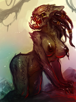 bent_over big_breasts branch breasts claws dreadlocks female fingers hair hand_on_ground looking_at_viewer nipple_piercing nipple_ring nipples not_furry nude open_mouth piercing red_lighting ring_piercing sharp_teeth solo standing teeth wet neurodyne predator_(franchise) alien humanoid monster yautja 2021 3:4 portrait signature three-quarter_portrait