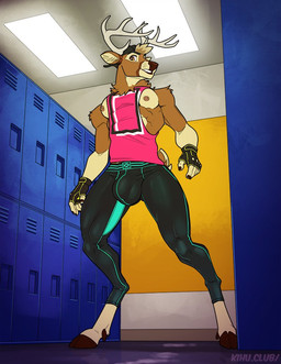 alternate_species anthro antlers backwards_baseball_cap backwards_hat baseball_cap big_bulge bottomwear bulge clothed clothing detailed_background detailed_bulge fingerless_gloves genital_outline gloves handwear hat headgear headwear hooves horn inside locker locker_room low-angle_view male muscular muscular_anthro muscular_male nipple_piercing nipples pants penis_outline piercing scut_tail shirt short_tail smile solo sweatpants tail tank_top tight_clothing topwear kihu evan_(kihu) deer mammal 2020