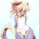 anthro blonde_hair blush clothed clothing female fur hair horn looking_at_viewer one-piece_swimsuit purple_body purple_eyes purple_fur red_horn simple_background solo swimwear tail white_background wide_hips cotora jewish_mythology mythology bovid bovine mammal mythological_behemoth 1:1