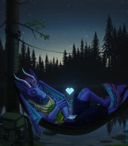 5_fingers anthro backpack biped cellphone clothed clothing compass detailed_background dusk electronics eyes_closed fingers forest fur hair hammock heart_symbol holding_object horn lake lying male night outside phone plant sky sleeping solo star starry_sky tail tree wings fighterjet mythology dragon mammal mythological_creature mythological_scalie scalie 2017 digital_media_(artwork) hi_res