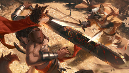 anthro cape clothing dagger duo fight greatsword male melee_weapon sparks sword weapon toothlee nanabi_ashiro seru canid canine fox hyena mammal spotted_hyena 16:9 absurd_res hi_res widescreen