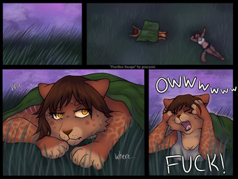 anthro athletic athletic_female bedding blanket brown_hair duo female hair markings outside scar slightly_chubby slightly_chubby_female slim sunset text tomboy procyoni felid leopard mammal pantherine 4:3 absurd_res english_text hi_res