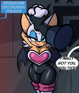 annoyed anthro big_breasts breasts caught cleavage clothed clothed_anthro clothed_female clothing duo eyeshadow female fur latex latex_clothing lipstick makeup male male/female shortstack tail tan_body tan_skin wings yellowcyann sega sonic_the_hedgehog_(series) rouge_the_bat bat mammal digital_media_(artwork) hi_res