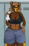 anthro athletic_wear curvy_figure female green_eyes locker_room mature_female slightly_chubby solo towel towel_on_shoulder papayaa nintendo pokemon fan_character generation_8_pokemon pokemon_(species) ursaluna hi_res