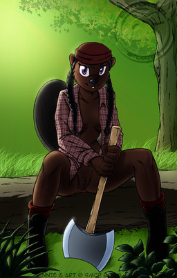 anthro axe black_hair black_vulva boots bottomless bottomless_anthro bottomless_female braided_hair breasts brown_body brown_fur casual_exposure clothed clothing collar female footwear fur genitals hair hat headgear headwear looking_at_viewer melee_weapon open_clothing open_shirt open_topwear outside plaid presenting purple_eyes shirt shoes solo spread_legs spreading topwear vulva weapon brian_mcpherson annie_(brian_mcpherson) beaver mammal rodent 2008